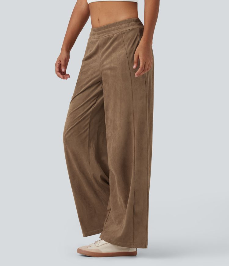 Mid Rise Suede Casual Baggy Pants with Pockets