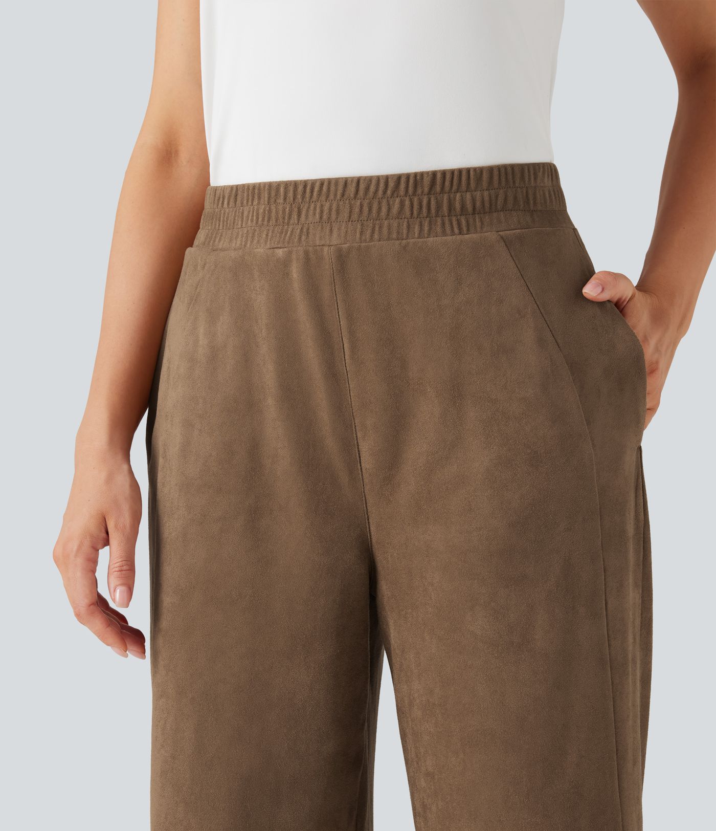 Mid Rise Suede Casual Baggy Pants with Pockets