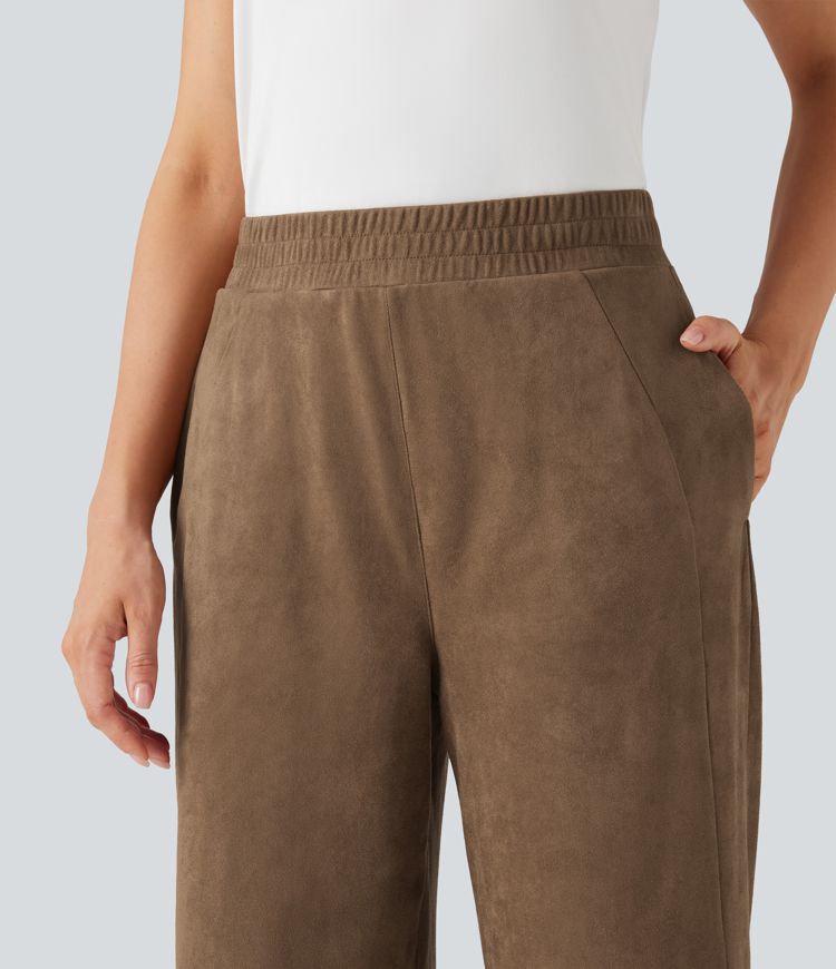Mid Rise Suede Casual Baggy Pants with Pockets