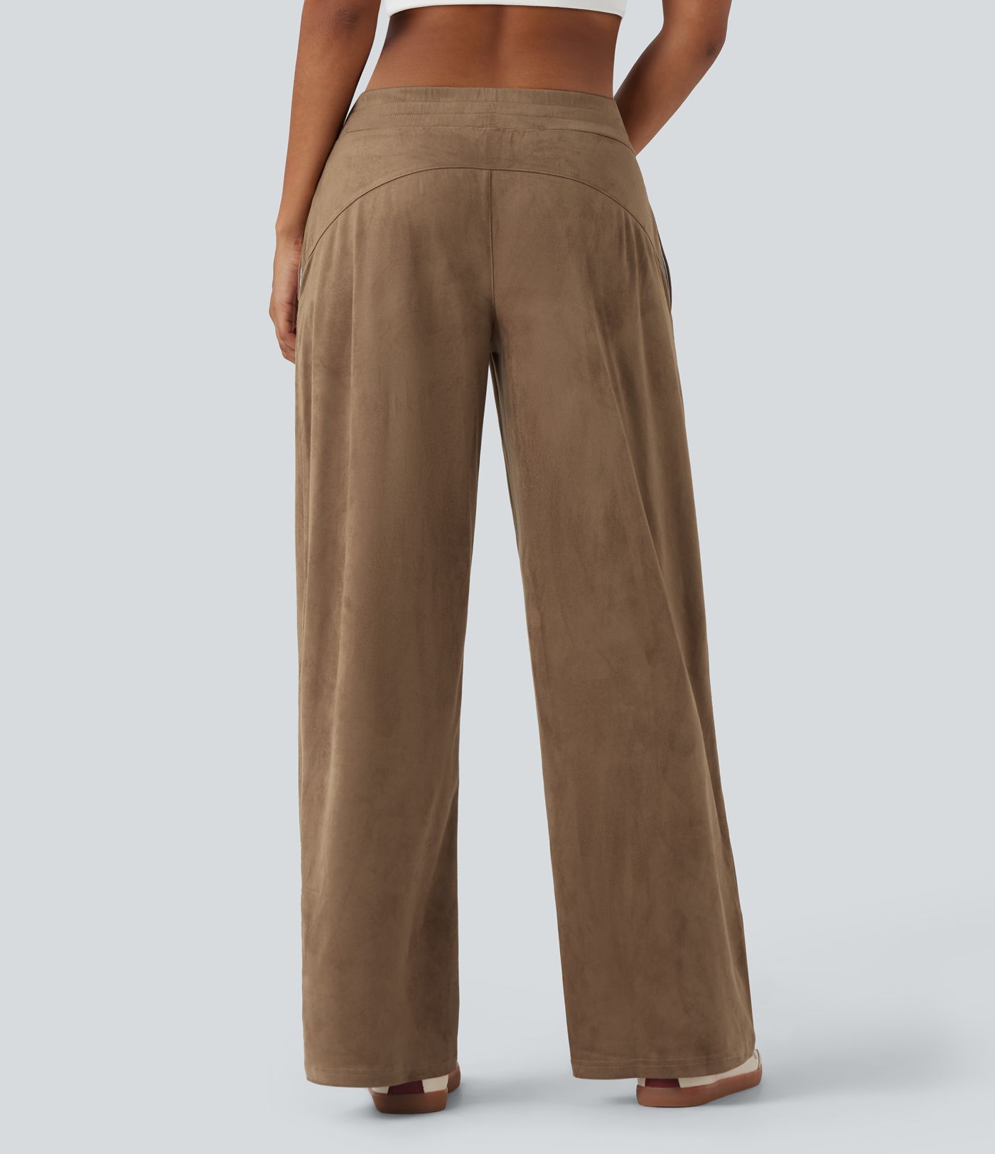 Mid Rise Suede Casual Baggy Pants with Pockets