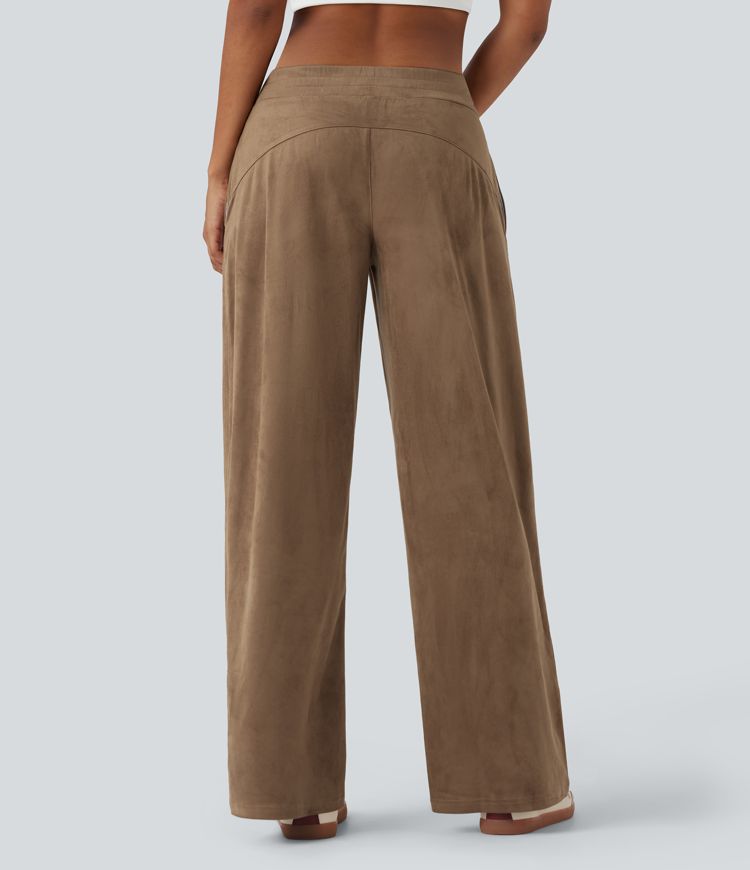 Mid Rise Suede Casual Baggy Pants with Pockets