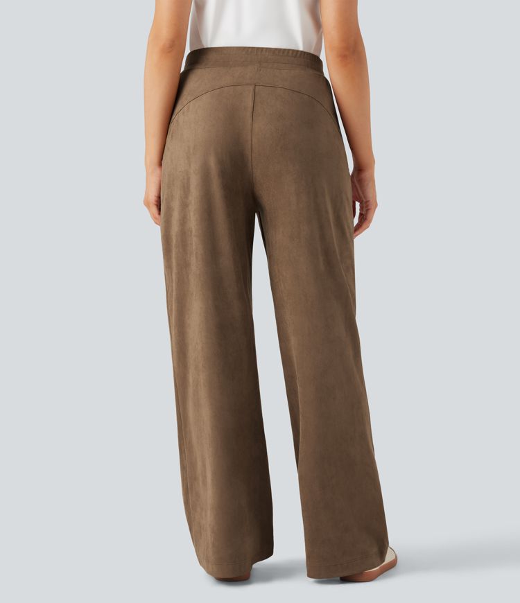 Mid Rise Suede Casual Baggy Pants with Pockets