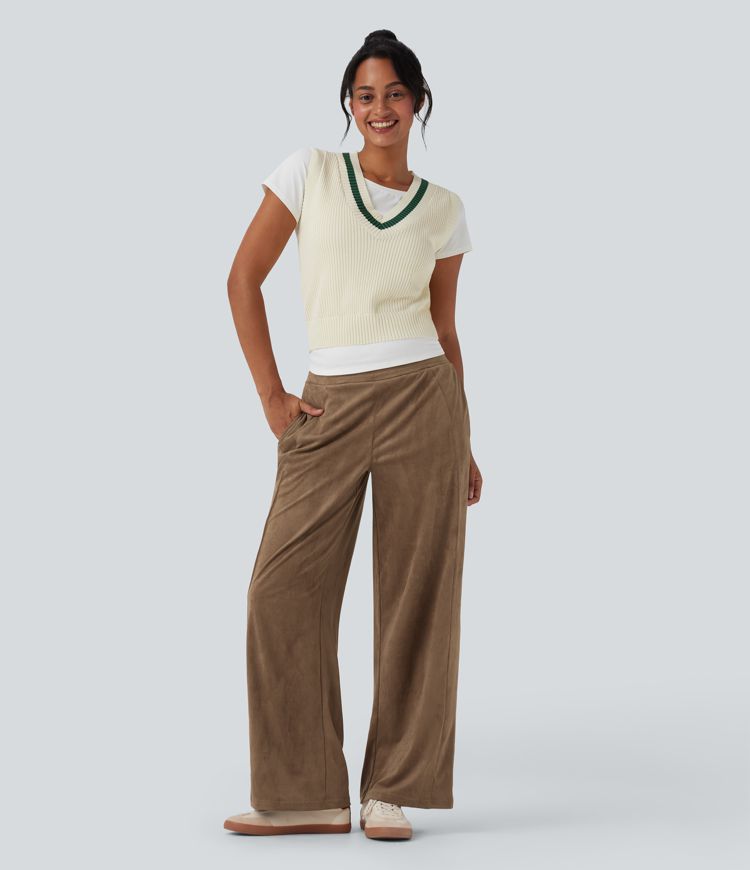 Mid Rise Suede Casual Baggy Pants with Pockets