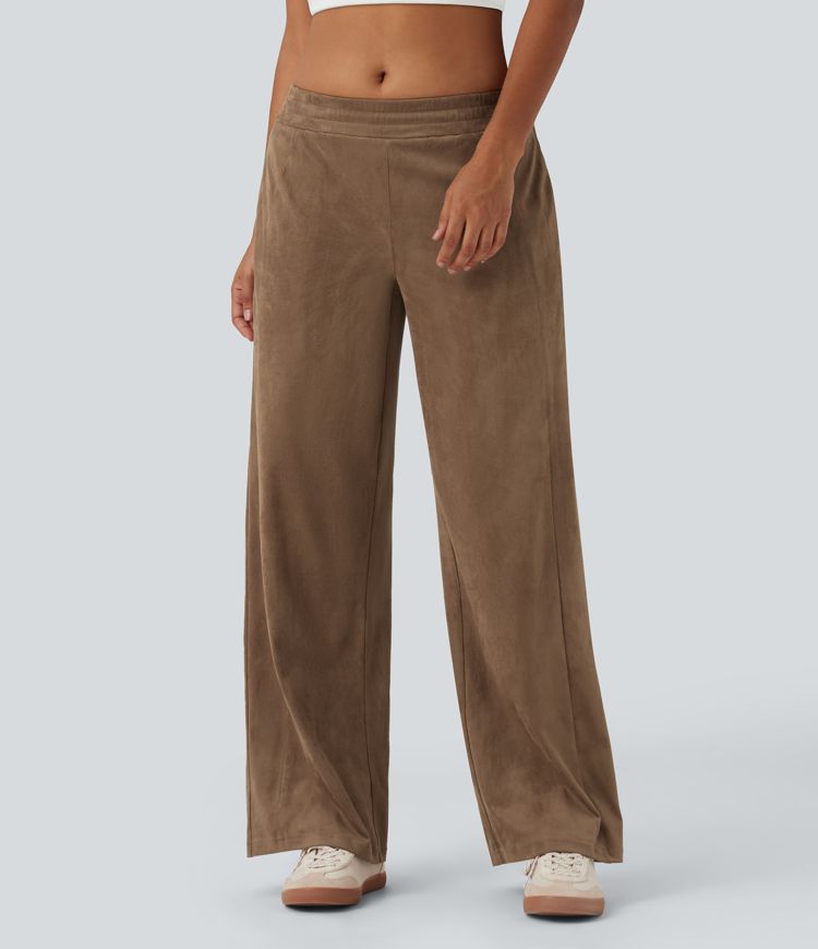 Mid Rise Suede Casual Baggy Pants with Pockets