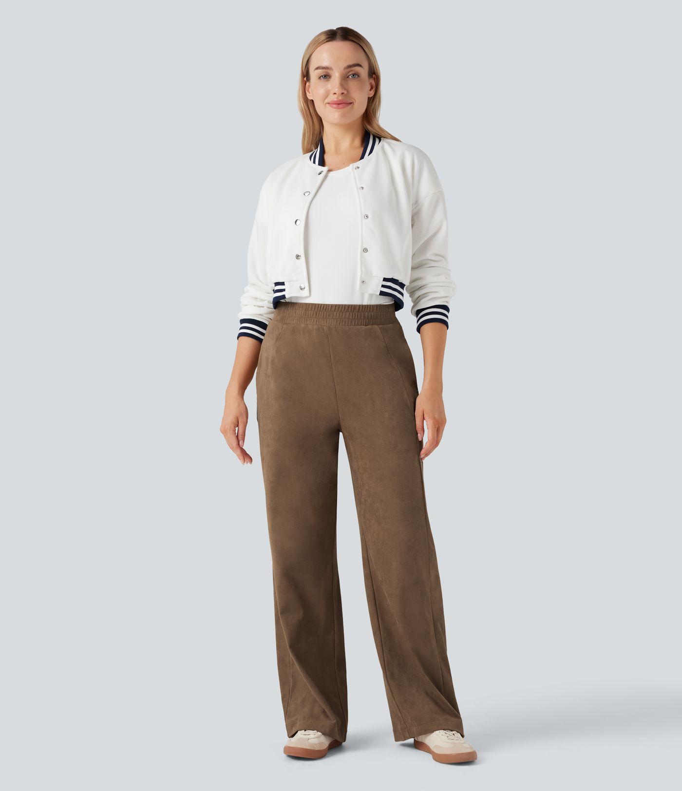 Mid Rise Suede Casual Baggy Pants with Pockets