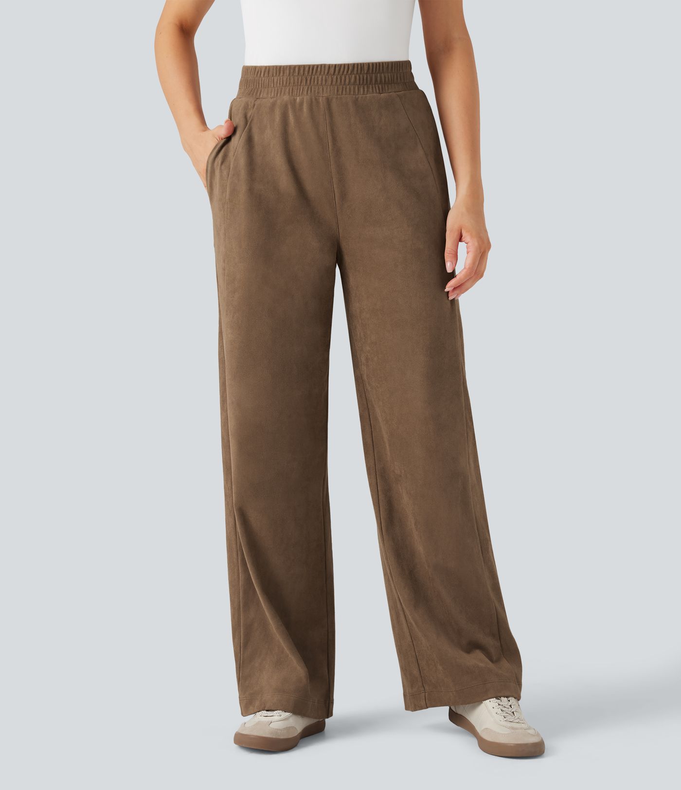 Mid Rise Suede Casual Baggy Pants with Pockets