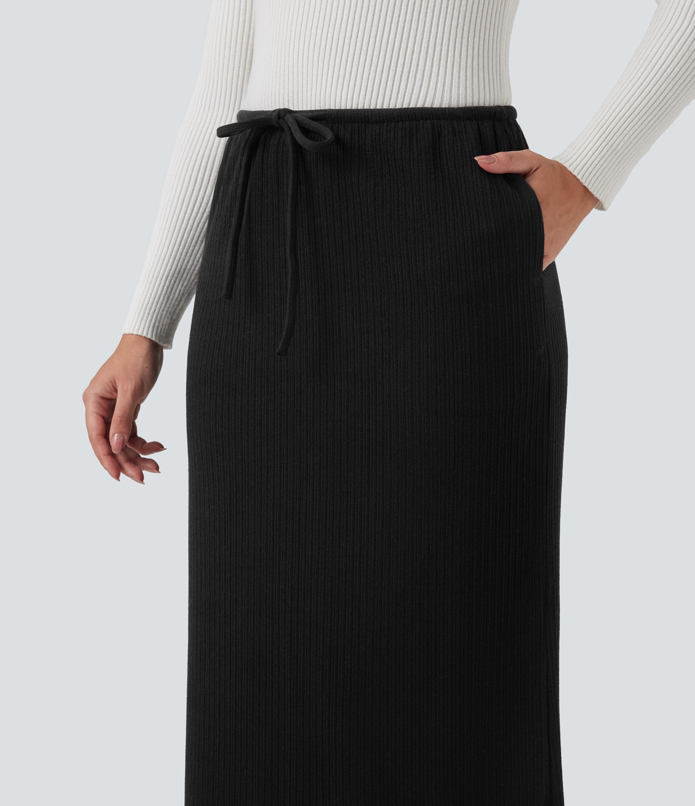 Ribbed Mid Rise Drawstring Maxi Casual Skirt with Pockets