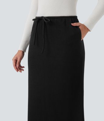 Ribbed Mid Rise Drawstring Maxi Casual Skirt with Pockets