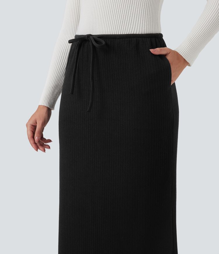 Ribbed Mid Rise Drawstring Maxi Casual Skirt with Pockets