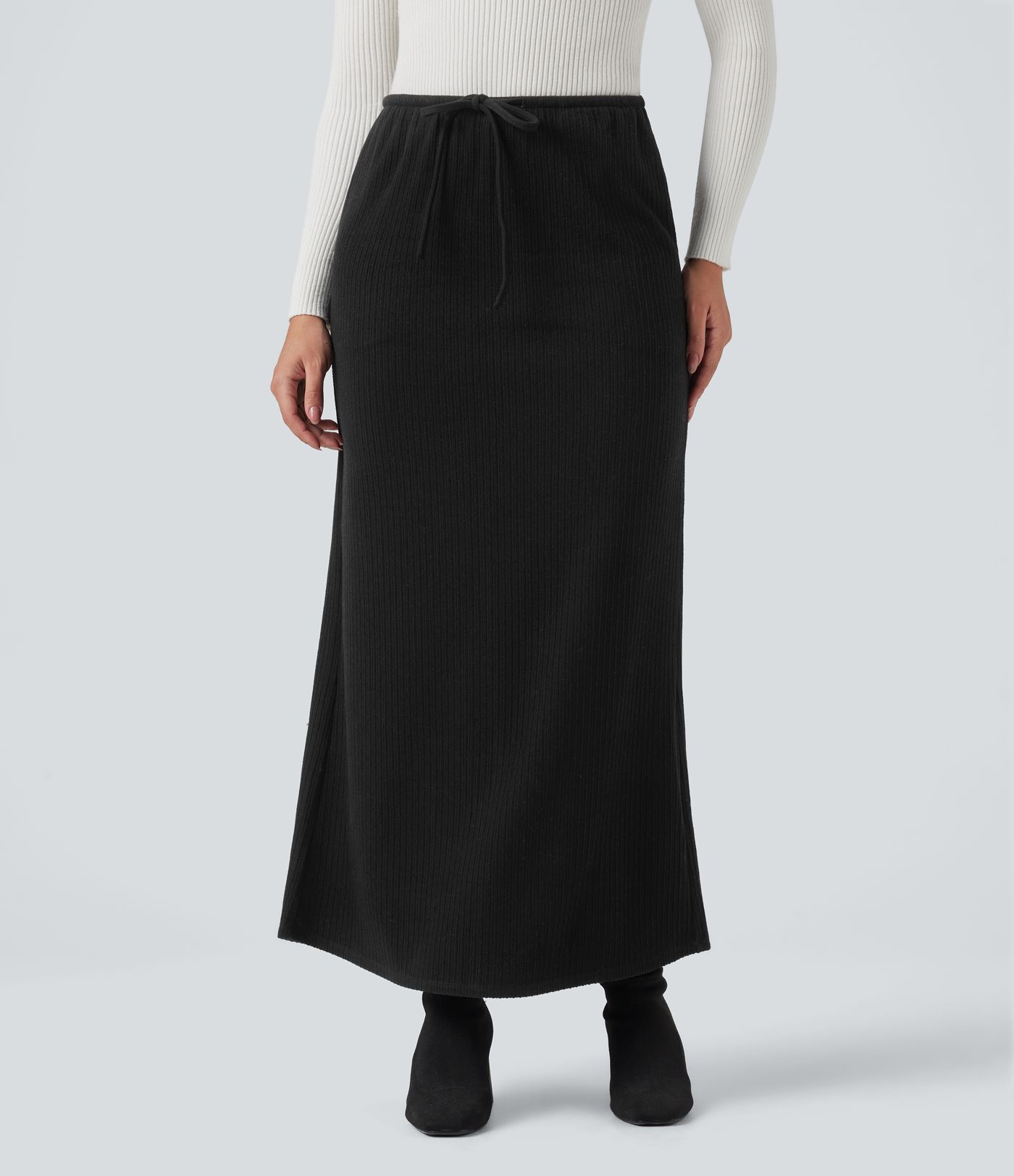 Ribbed Mid Rise Drawstring Maxi Casual Skirt with Pockets