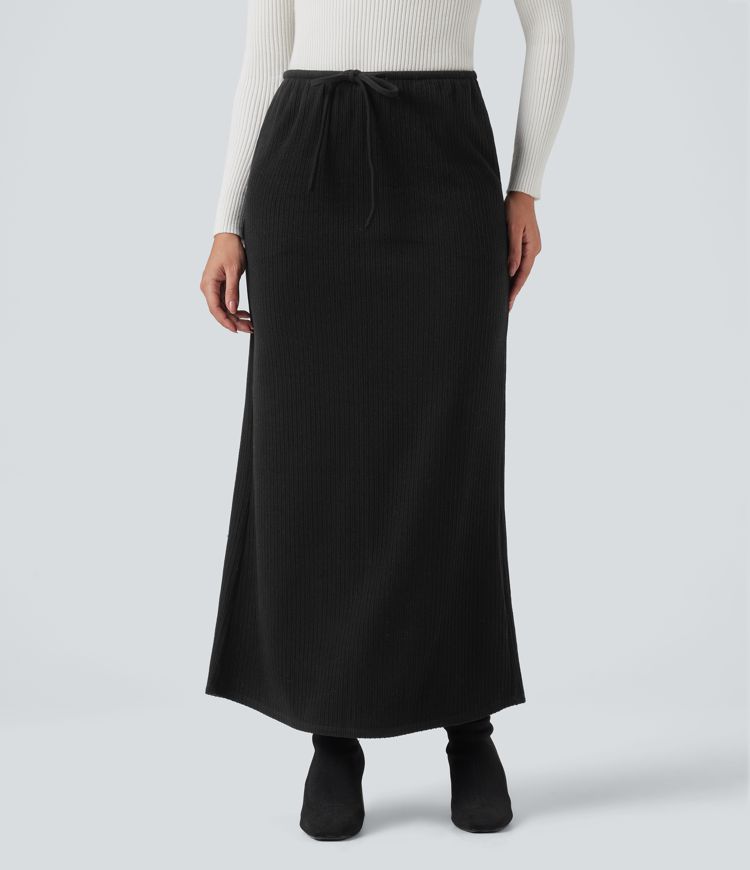 Ribbed Mid Rise Drawstring Maxi Casual Skirt with Pockets