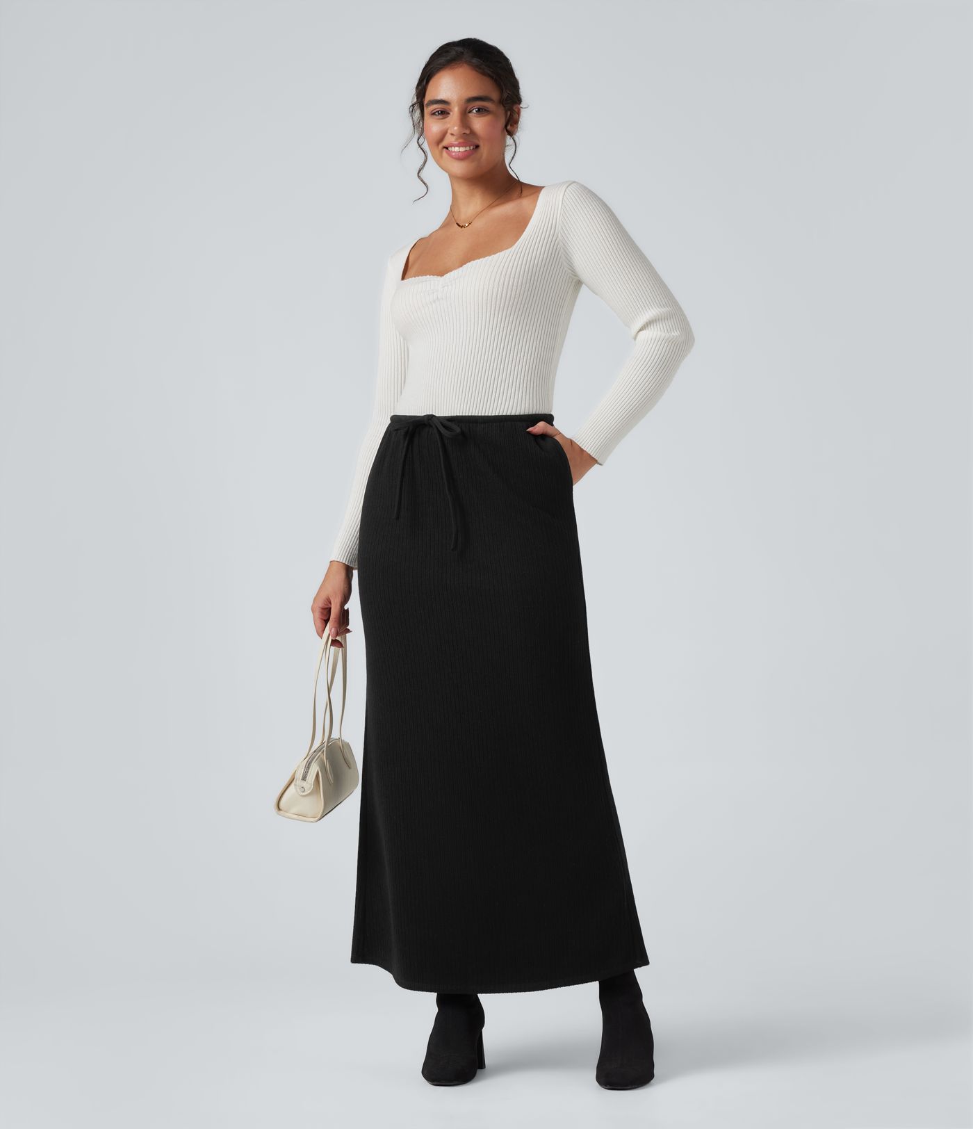Ribbed Mid Rise Drawstring Maxi Casual Skirt with Pockets