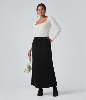 Ribbed Mid Rise Drawstring Maxi Casual Skirt with Pockets