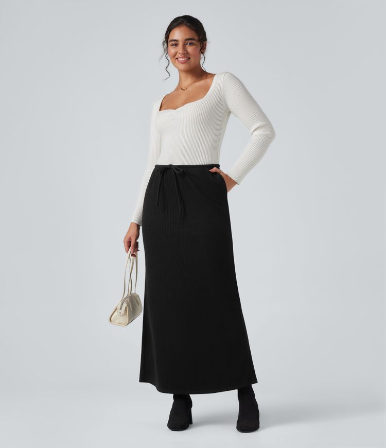 Ribbed Mid Rise Drawstring Maxi Casual Skirt with Pockets