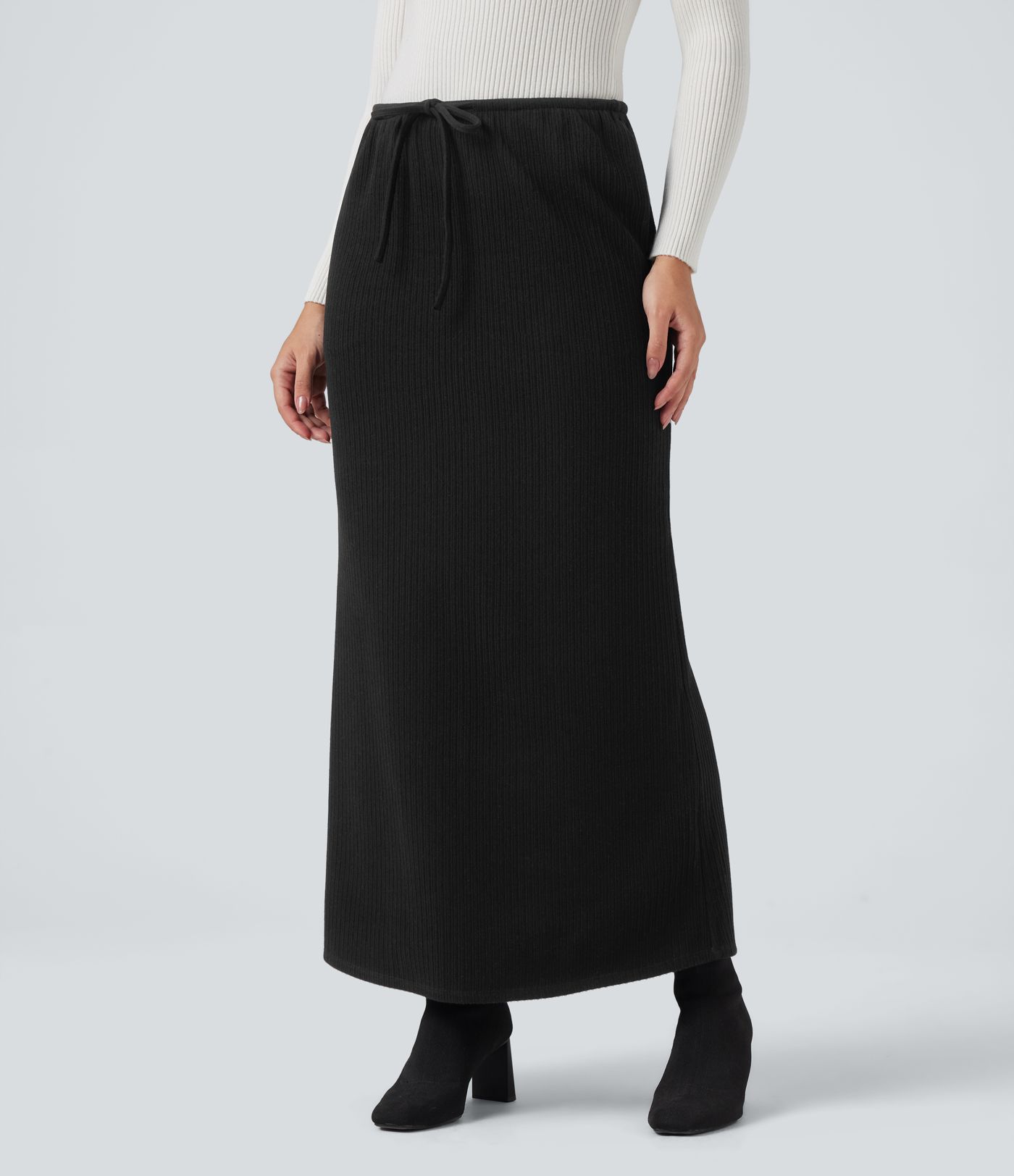Ribbed Mid Rise Drawstring Maxi Casual Skirt with Pockets