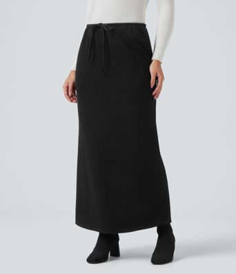 Ribbed Mid Rise Drawstring Maxi Casual Skirt with Pockets