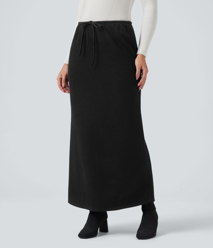 Ribbed Mid Rise Drawstring Maxi Casual Skirt with Pockets