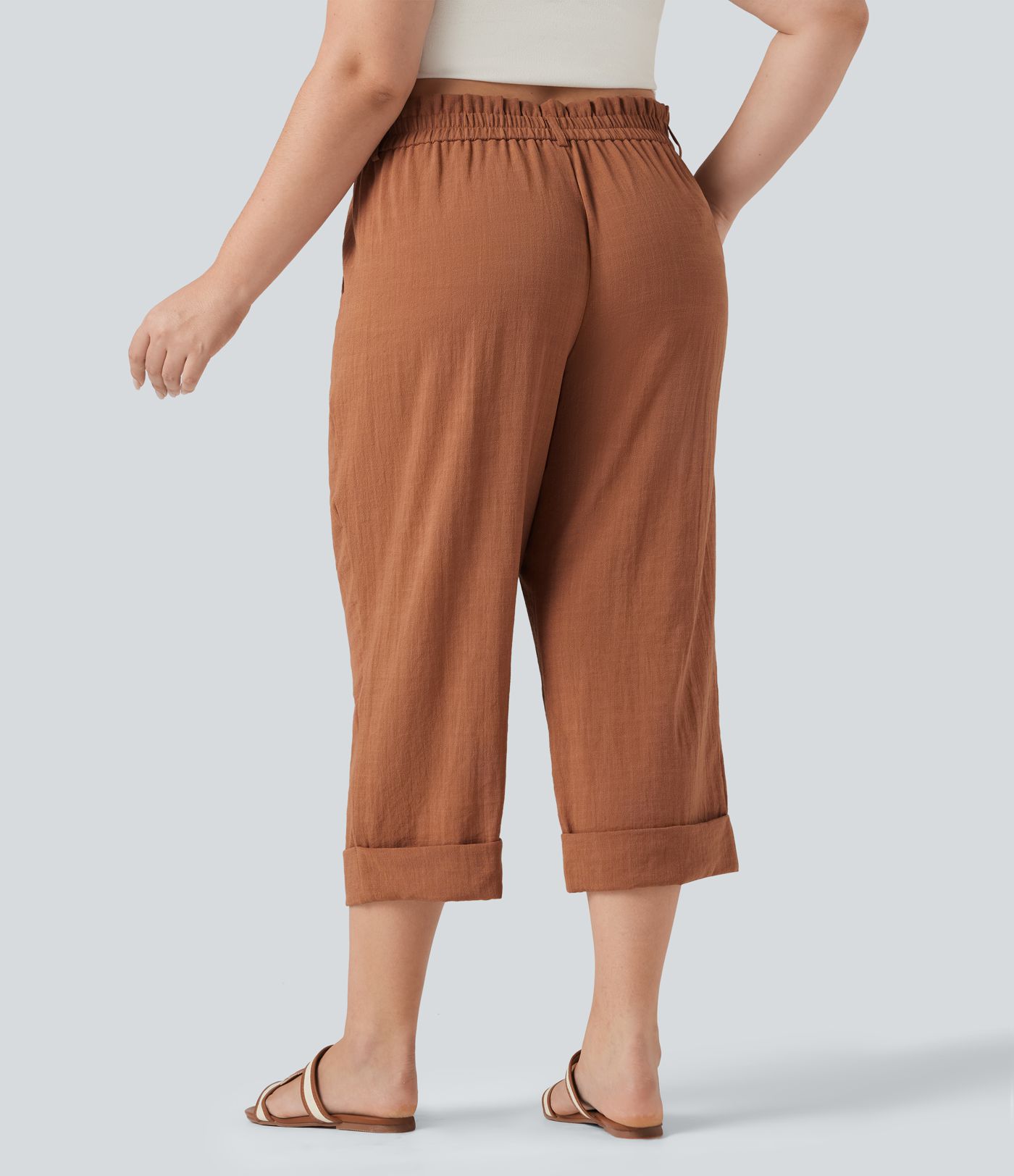 High Waisted Capri Linen-Feel Resort Plus Size Pants with Pockets