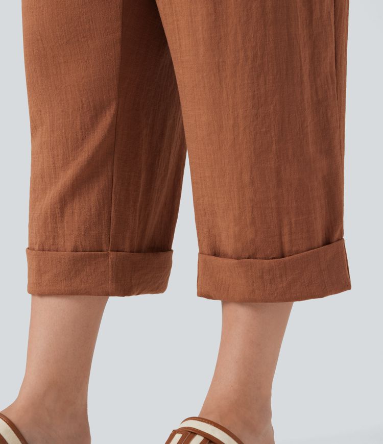 High Waisted Capri Linen-Feel Resort Plus Size Pants with Pockets