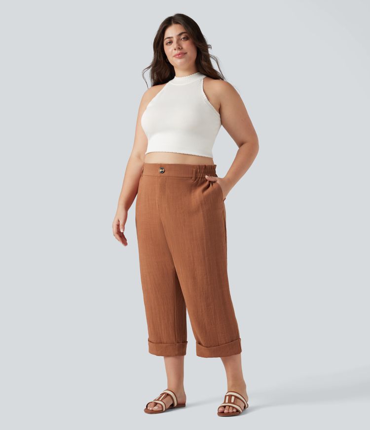 High Waisted Capri Linen-Feel Resort Plus Size Pants with Pockets