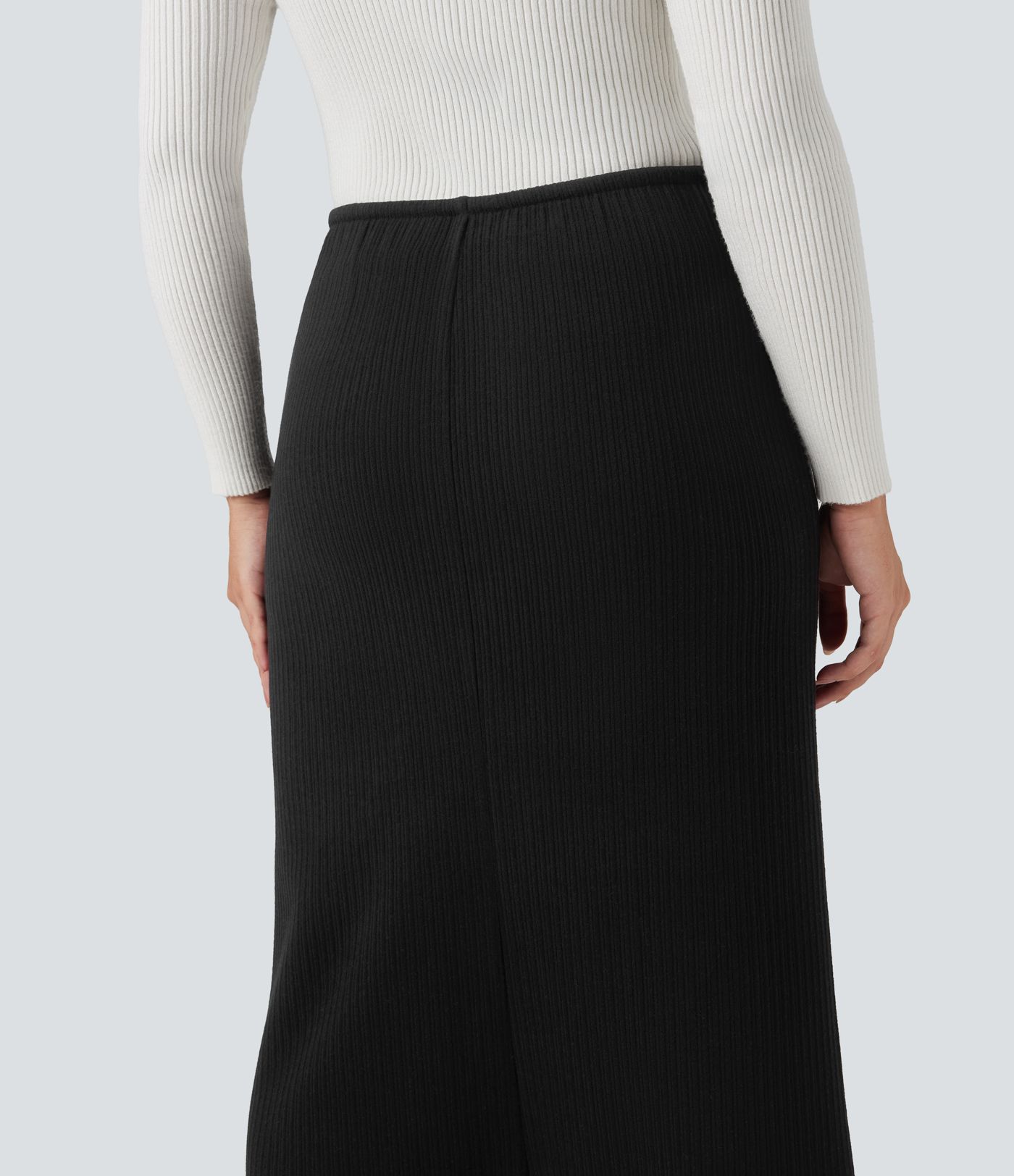 Ribbed Mid Rise Drawstring Maxi Casual Skirt with Pockets