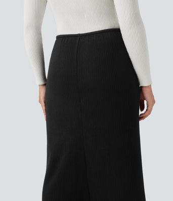 Ribbed Mid Rise Drawstring Maxi Casual Skirt with Pockets