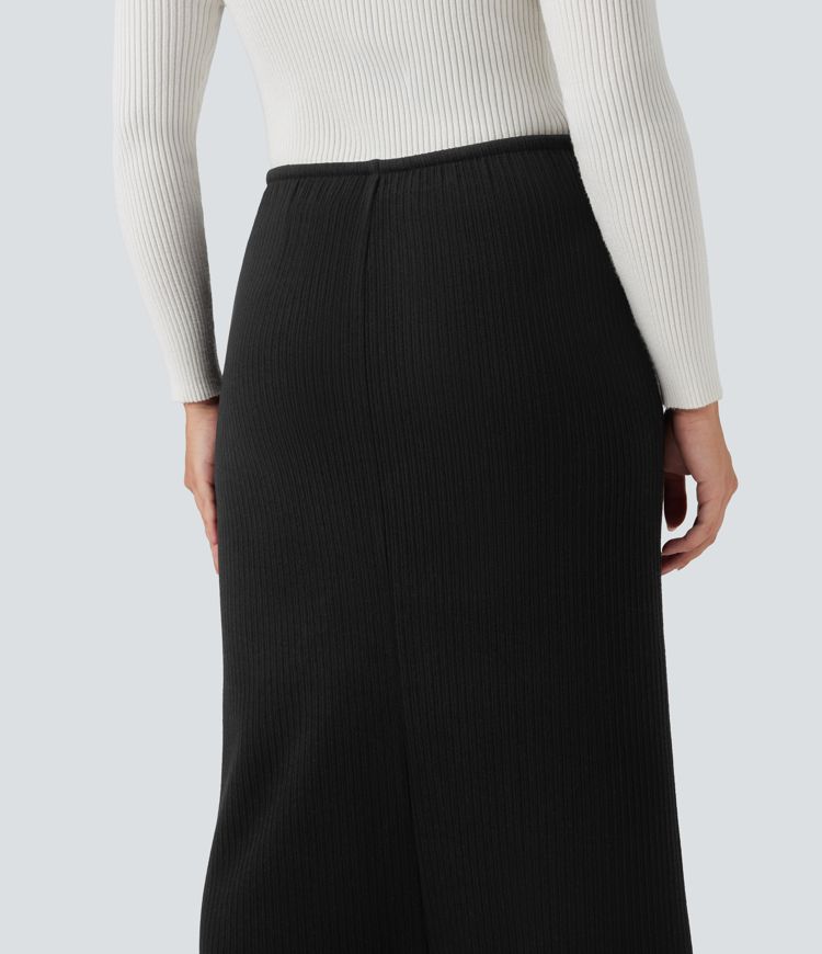 Ribbed Mid Rise Drawstring Maxi Casual Skirt with Pockets