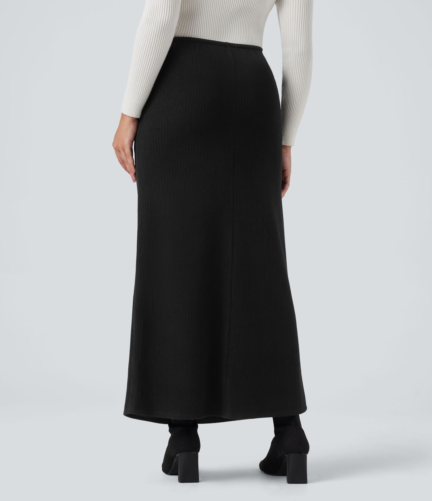 Ribbed Mid Rise Drawstring Maxi Casual Skirt with Pockets