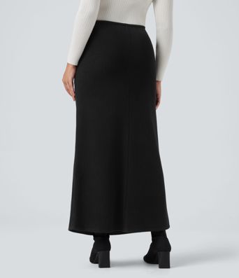 Ribbed Mid Rise Drawstring Maxi Casual Skirt with Pockets