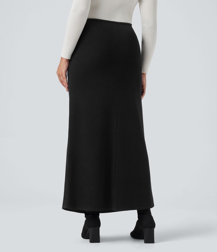 Ribbed Mid Rise Drawstring Maxi Casual Skirt with Pockets