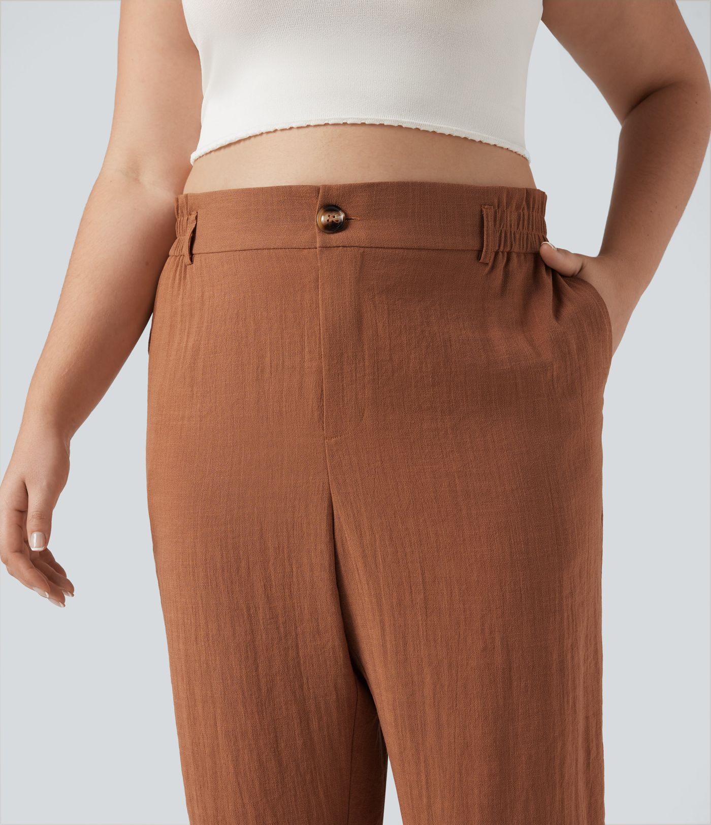 High Waisted Capri Linen-Feel Resort Plus Size Pants with Pockets