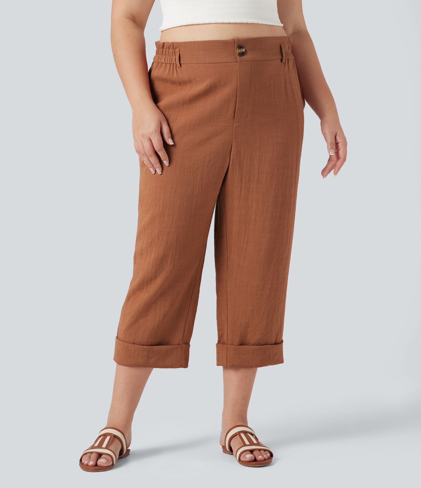 High Waisted Capri Linen-Feel Resort Plus Size Pants with Pockets