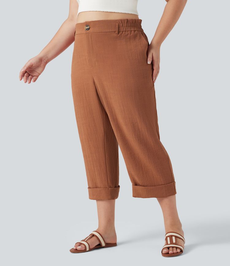 High Waisted Capri Linen-Feel Plus Size Pants with Pockets