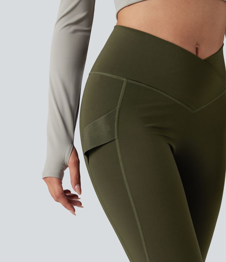 Legging de randonnée 7/8 résistant à l'usure taille haute croisée réfléchissant avec poche