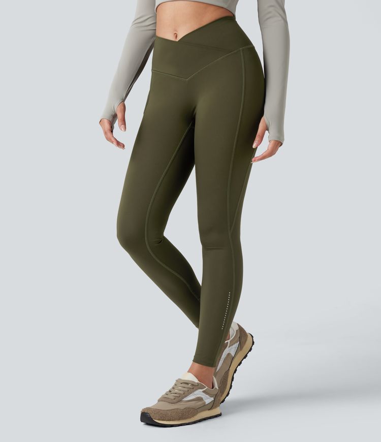 Twilight Green Reflektierende 7/8-Wanderleggings mit hohem Crossover-Bund und Bundtasche - verschleißfest / 1