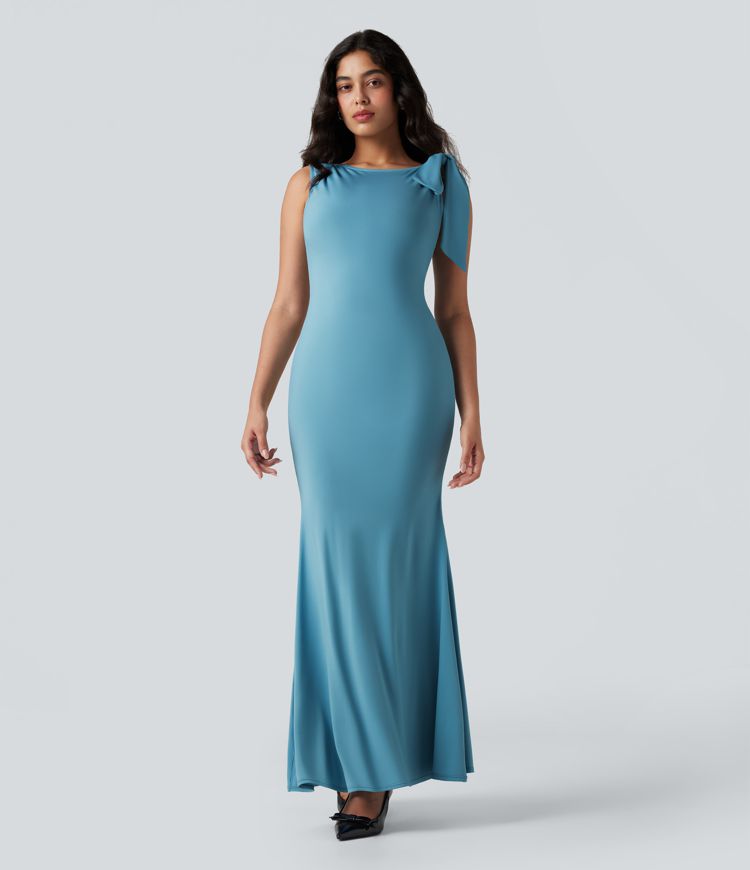 Robe longue satinée col bateau sans manches à ourlet sirène