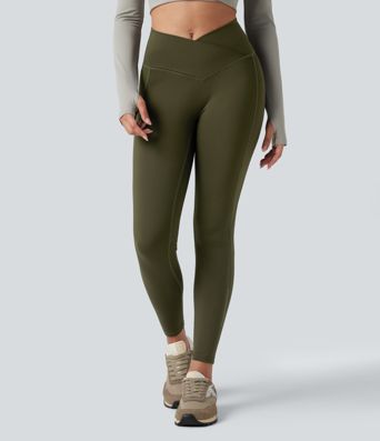 Legging de randonnée 7/8 résistant à l'usure taille haute croisée réfléchissant avec poche