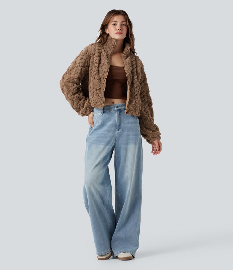 High-neck Zip Fly Casual Sherpa Jacket with Pockets