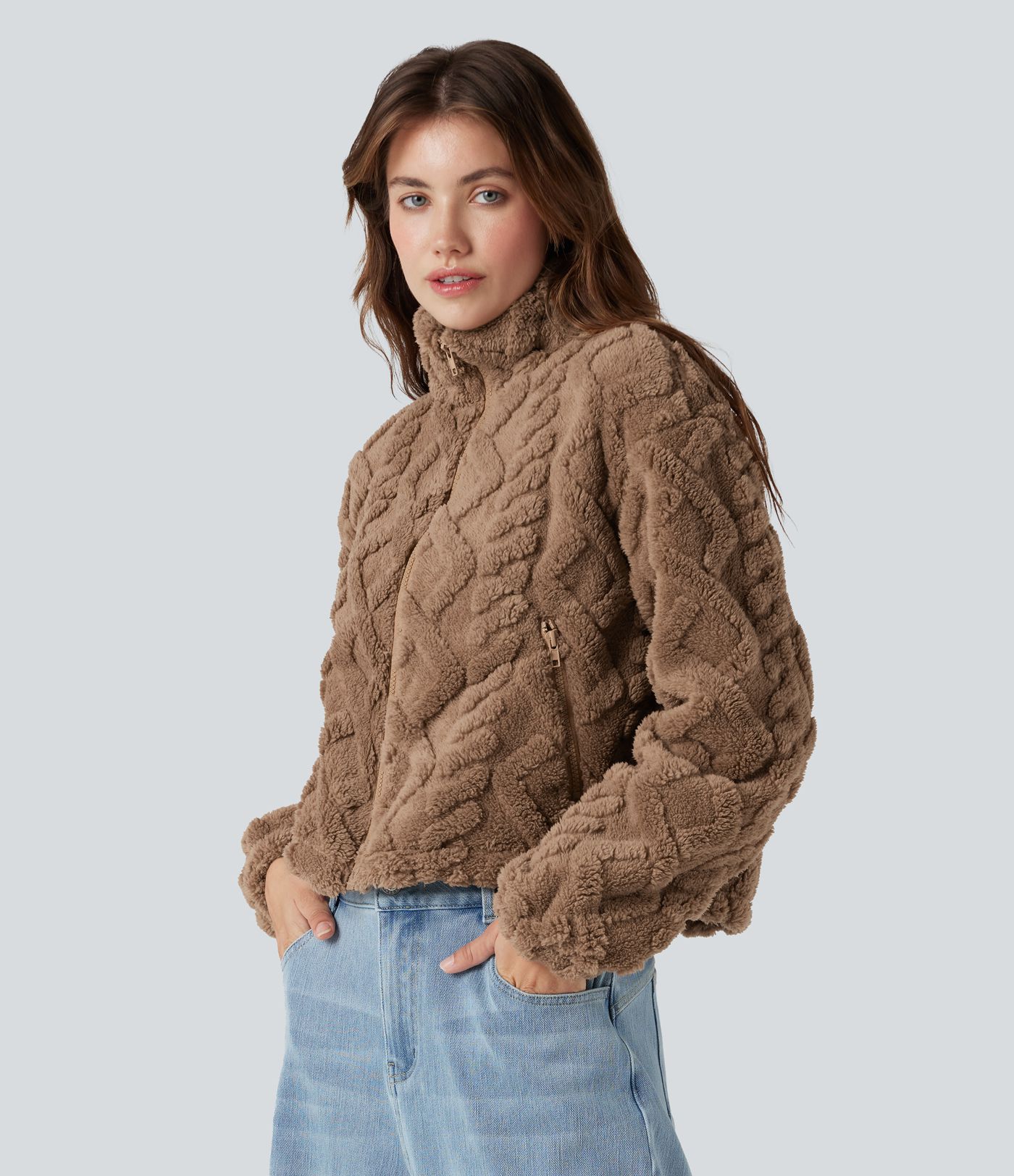 High-neck Zip Fly Casual Sherpa Jacket with Pockets