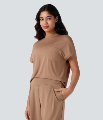 Mock-neck Short Sleeve Relaxed Casual T-Shirt with Pocket