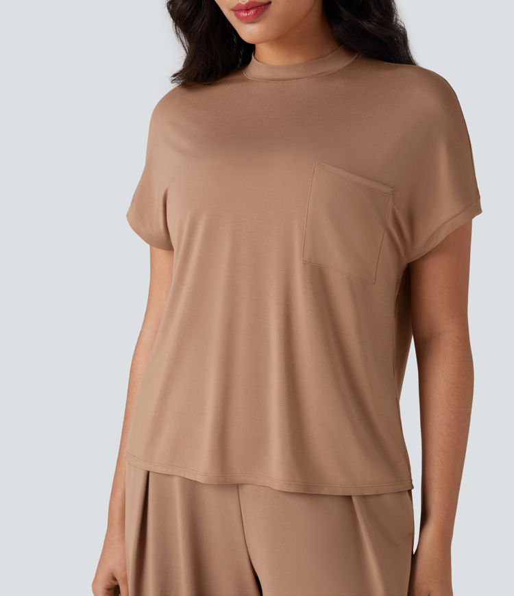 Mock-neck Short Sleeve Relaxed Casual T-Shirt with Pocket