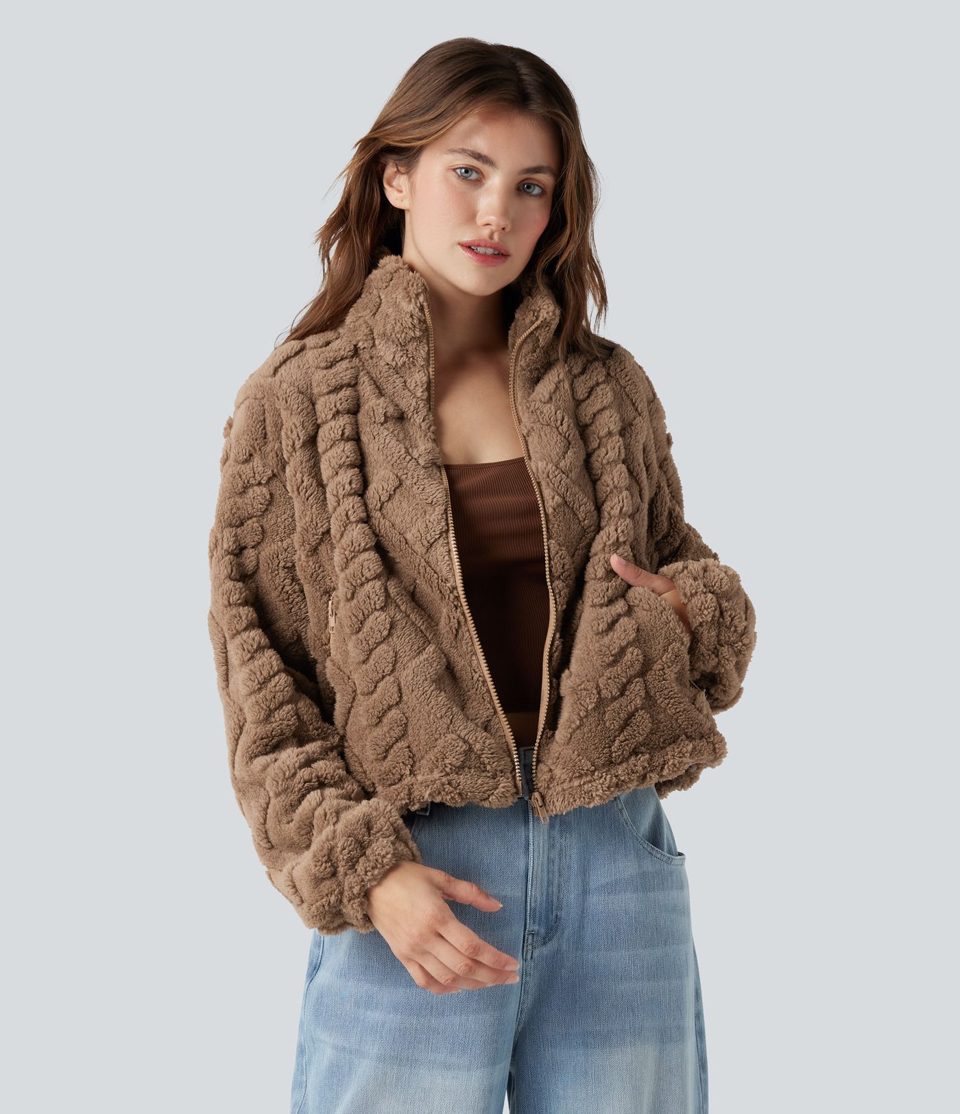 High-neck Zip Fly Casual Sherpa Jacket with Pockets