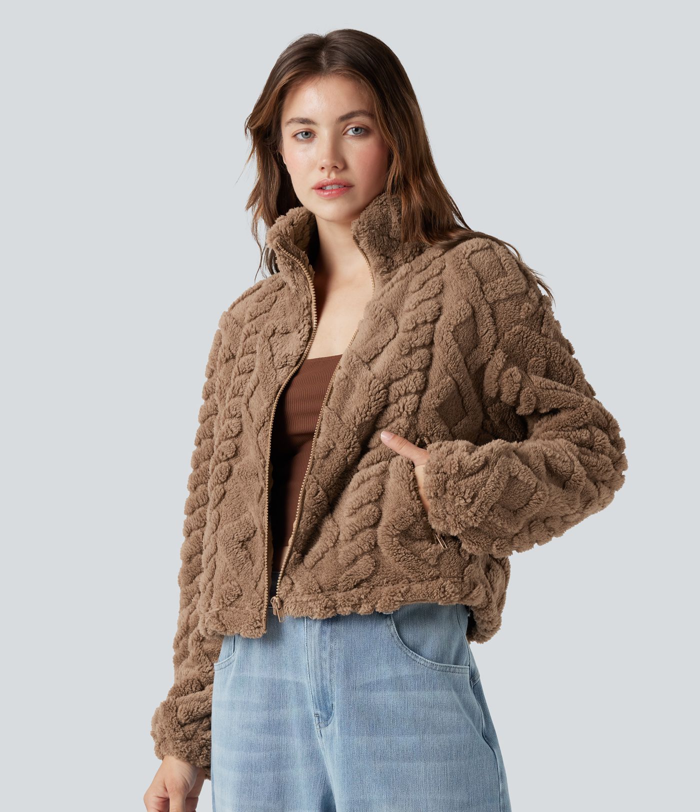 High-neck Zip Fly Casual Sherpa Jacket with Pockets