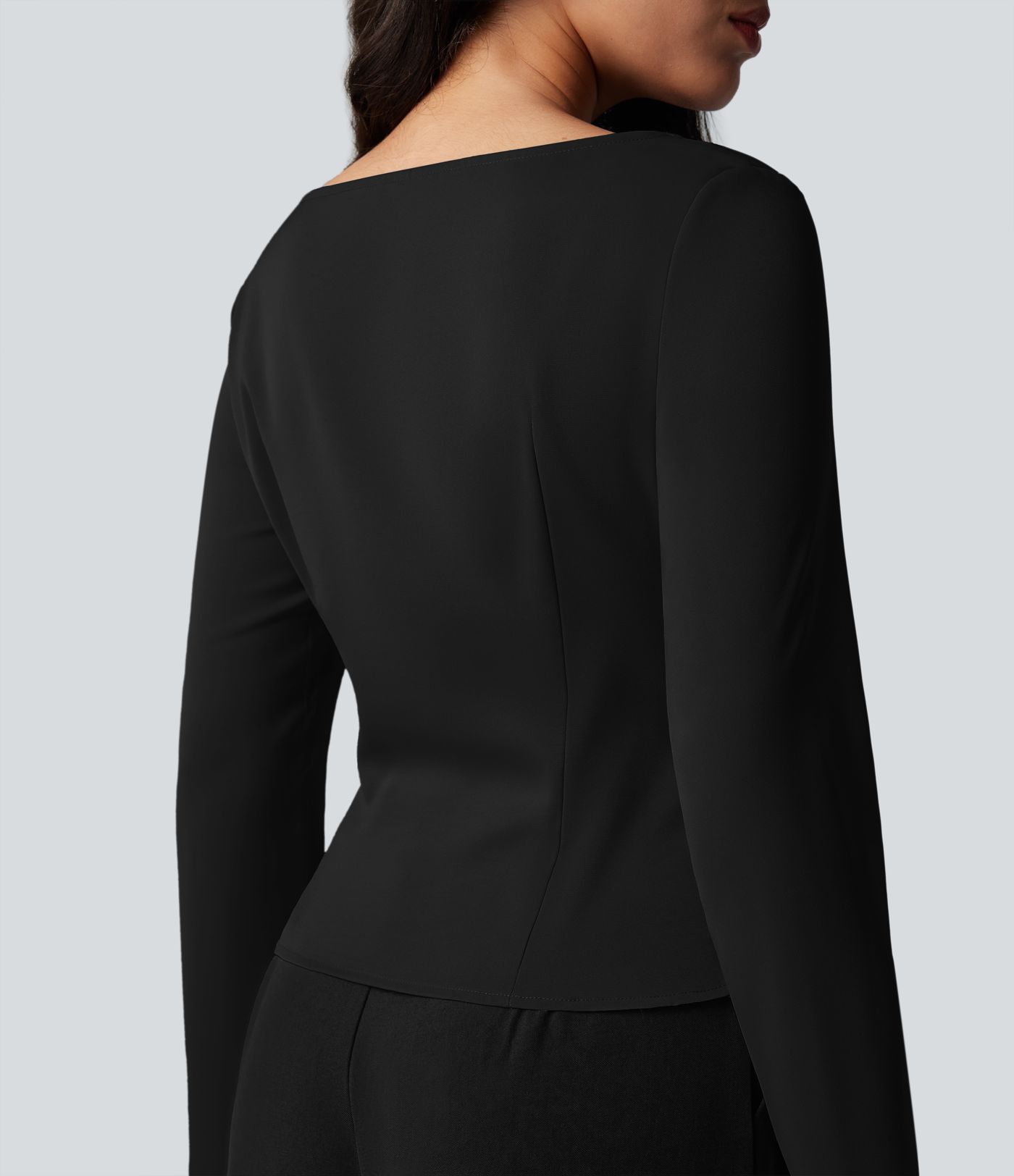 Wrinkle-resistant Boat Neck Long Sleeve Ruched Tie Work Blouse