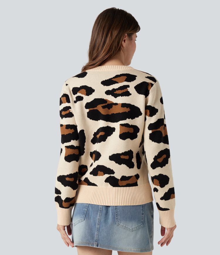 Pull décontracté imprimé léopard à col rond et manches longues