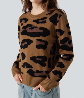 Round Neck Long Sleeve Leopard Casual Sweater