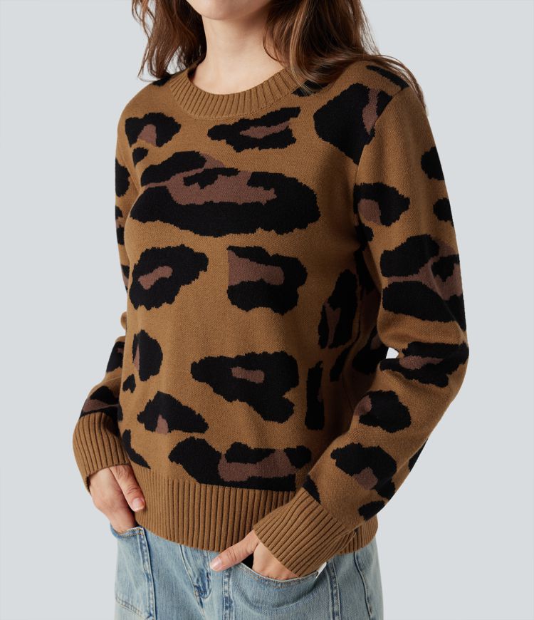 Round Neck Long Sleeve Leopard Casual Sweater