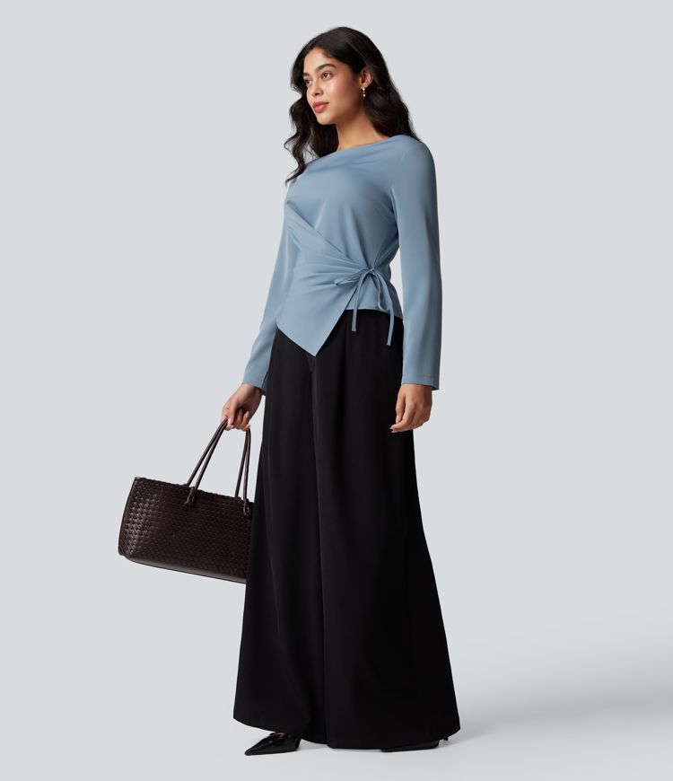 Wrinkle-resistant Boat Neck Long Sleeve Ruched Tie Work Blouse