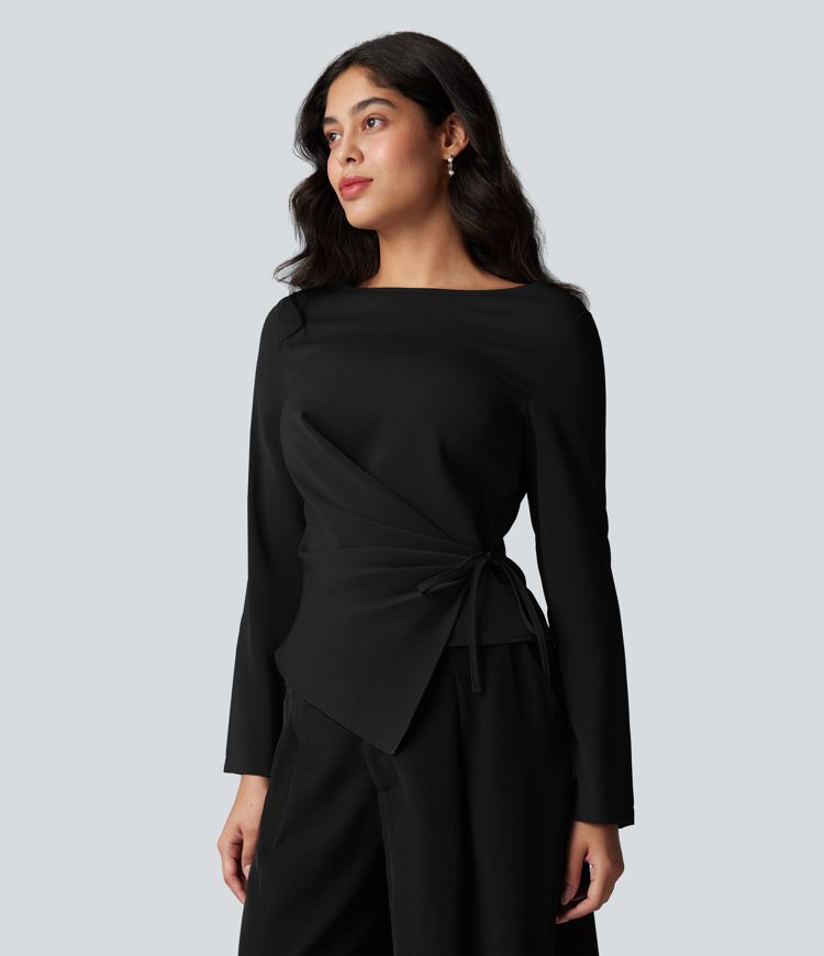 Wrinkle-resistant Boat Neck Long Sleeve Ruched Tie Work Blouse