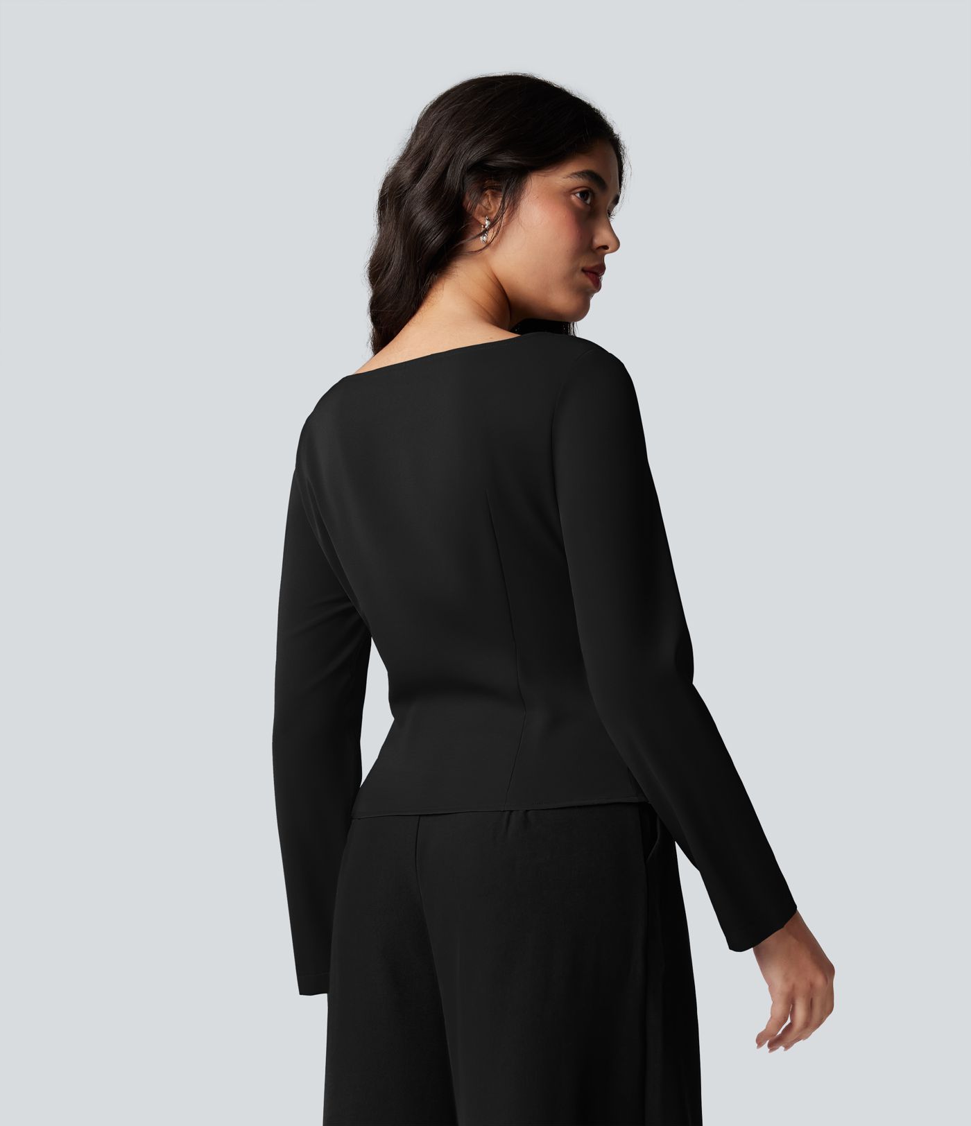 Wrinkle-resistant Boat Neck Long Sleeve Ruched Tie Work Blouse